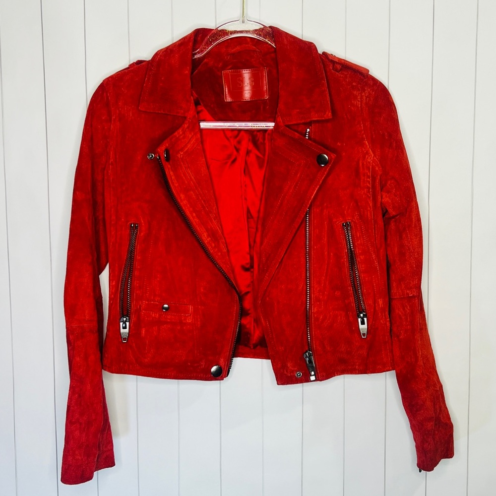 SL8 by BlankNYC Red Suede 100% Leather Moto Jacket Bomber to Biker Season Zip XS
